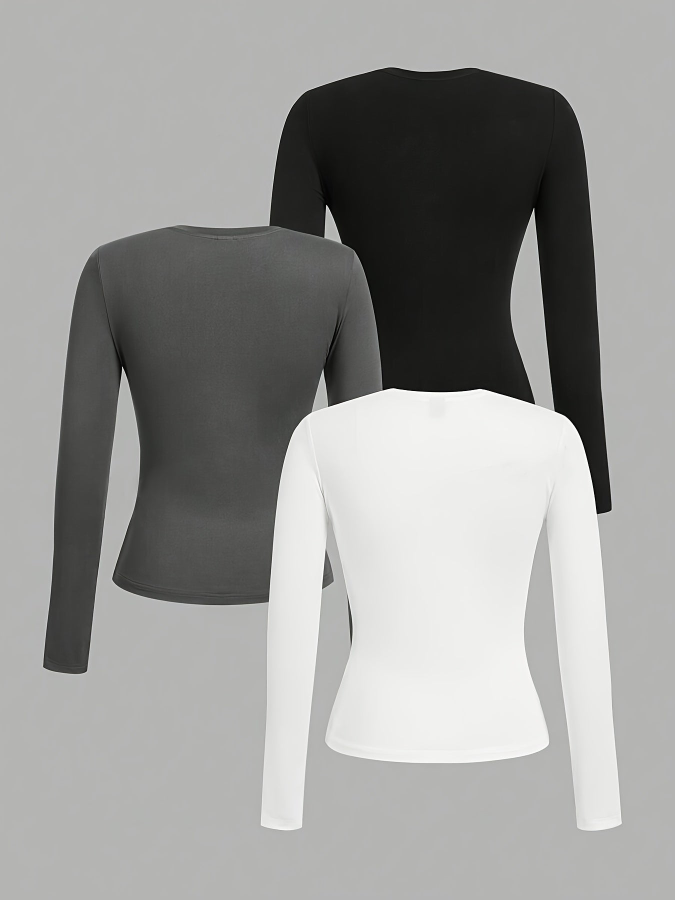 Women's Crew Neck Long Sleeve T-Shirt Set - 3 Pack Solid Color Polyester Knit Tops with Stretch (95% Polyester, 5% Elastane), Shapely Casual Style, Regular Length, for Fall/Winter - Young Fashion Essentials