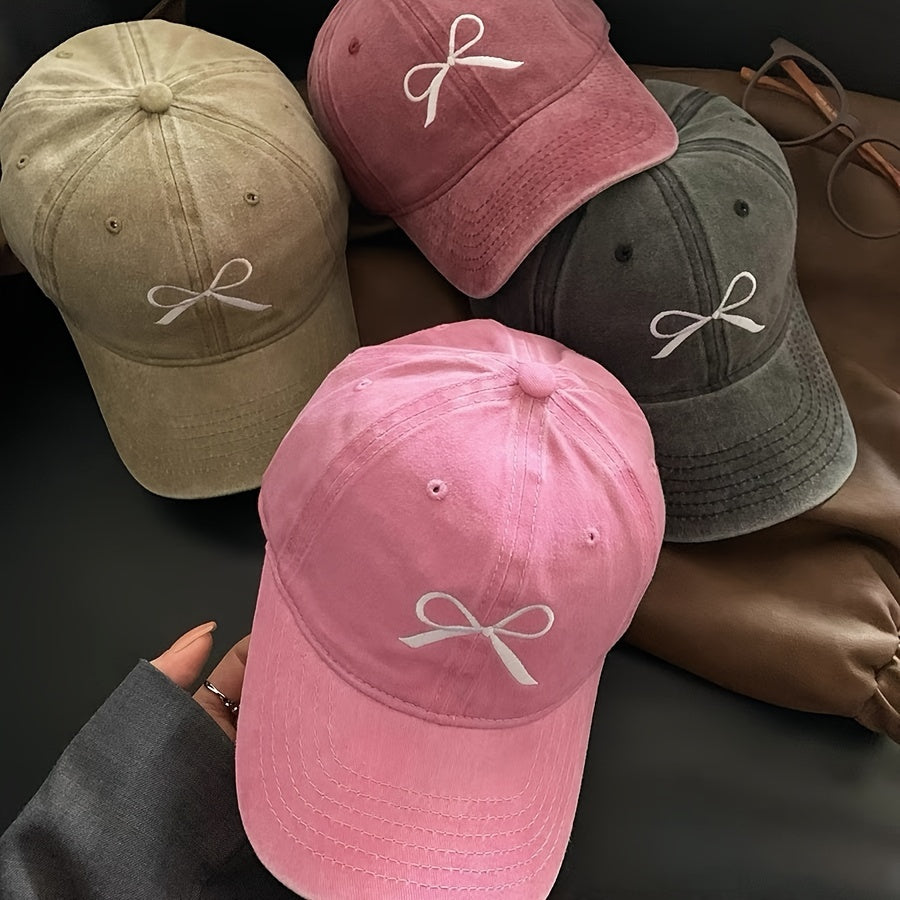 Bow Embroidered Baseball Cap For Women, Vintage Washed Distressed Peaked Hat, Sport Cap