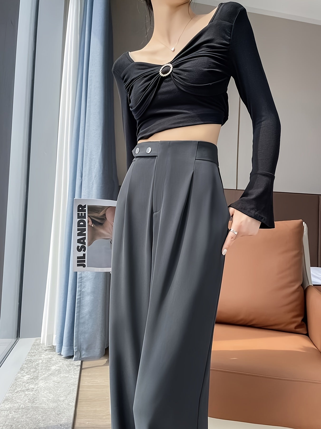 Elegant Street High-Waist Wide-Leg Suit Pants for Women - Slimming, Casual Long Trousers with Button Detail, Machine Washable