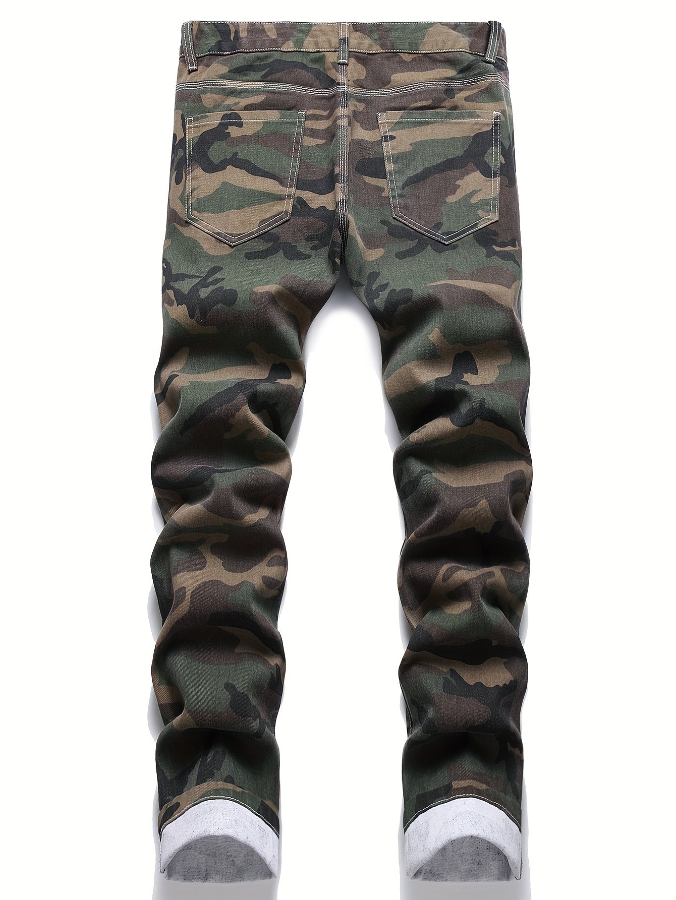 Men's Camouflage Graphic Print Denim Trousers with Pockets, Street Style Jeans for Outdoor Activities