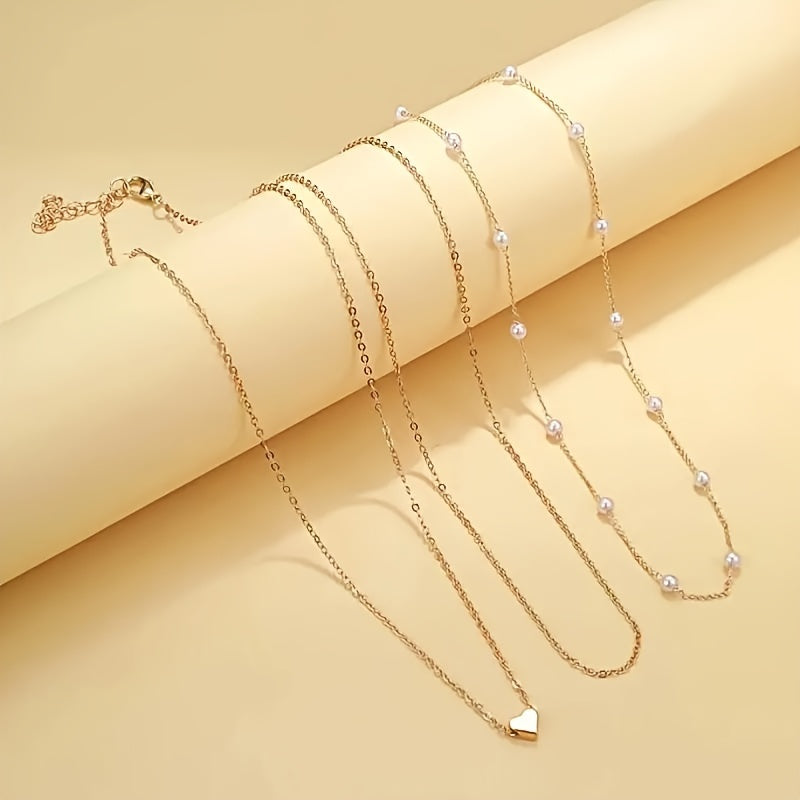 Elegant 3pcs Heart Charm & Faux Pearl Necklace Set for Women - Stackable Iron Jewelry, Perfect for Casual Attire or Parties, All-Season Wear