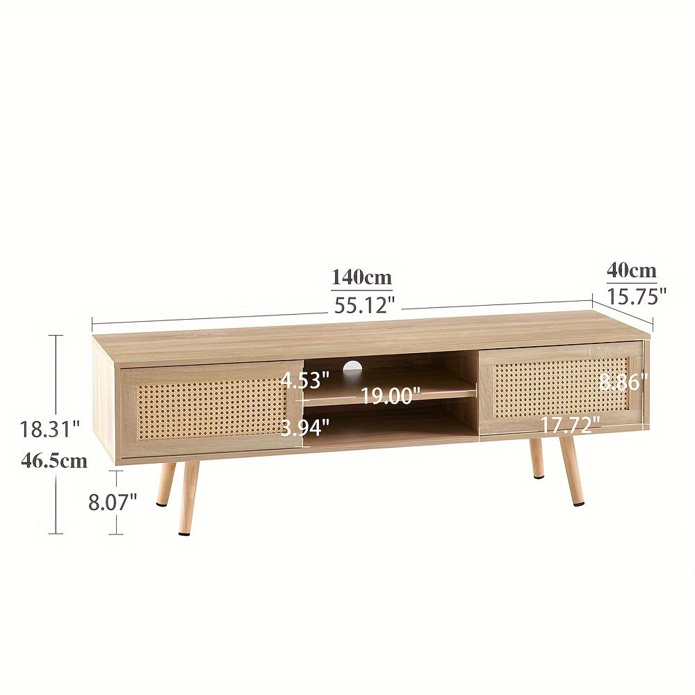 Rattan TV Stand with Double Sliding Storage, Natural, Living Room Cabinet