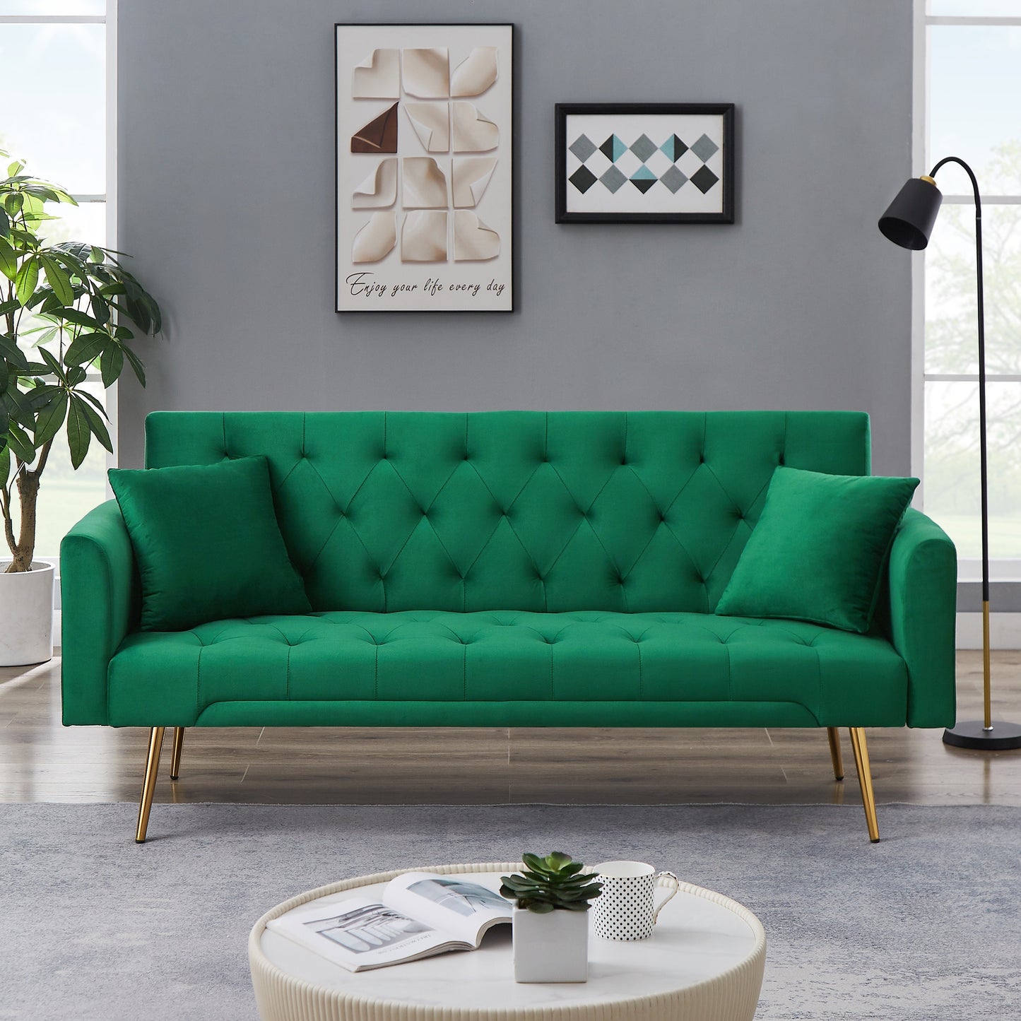 1 pc, Convertible Velvet Futon Sofa Bed, 70x38x30 Inches, Modern Reclining Sofa with 2 Pillows, Beige/Gray/Pink/Blue/Green