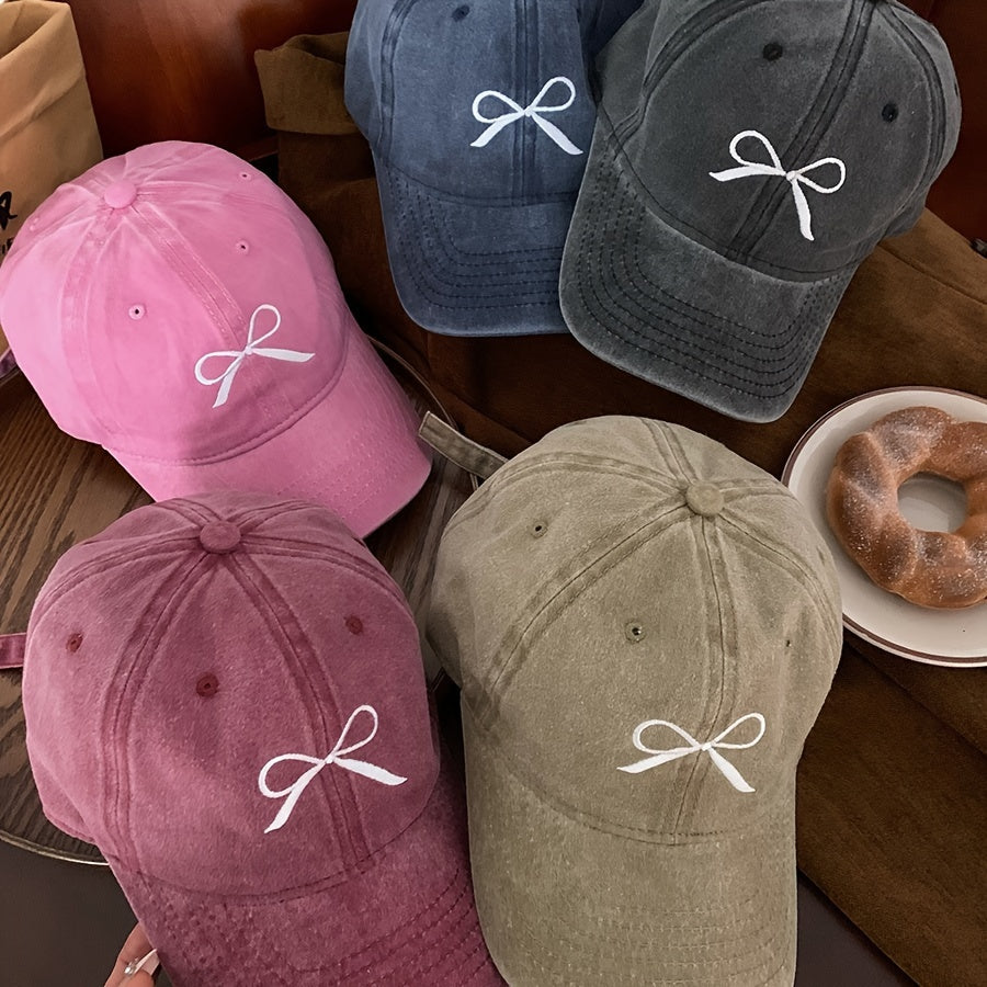 Bow Embroidered Baseball Cap For Women, Vintage Washed Distressed Peaked Hat, Sport Cap