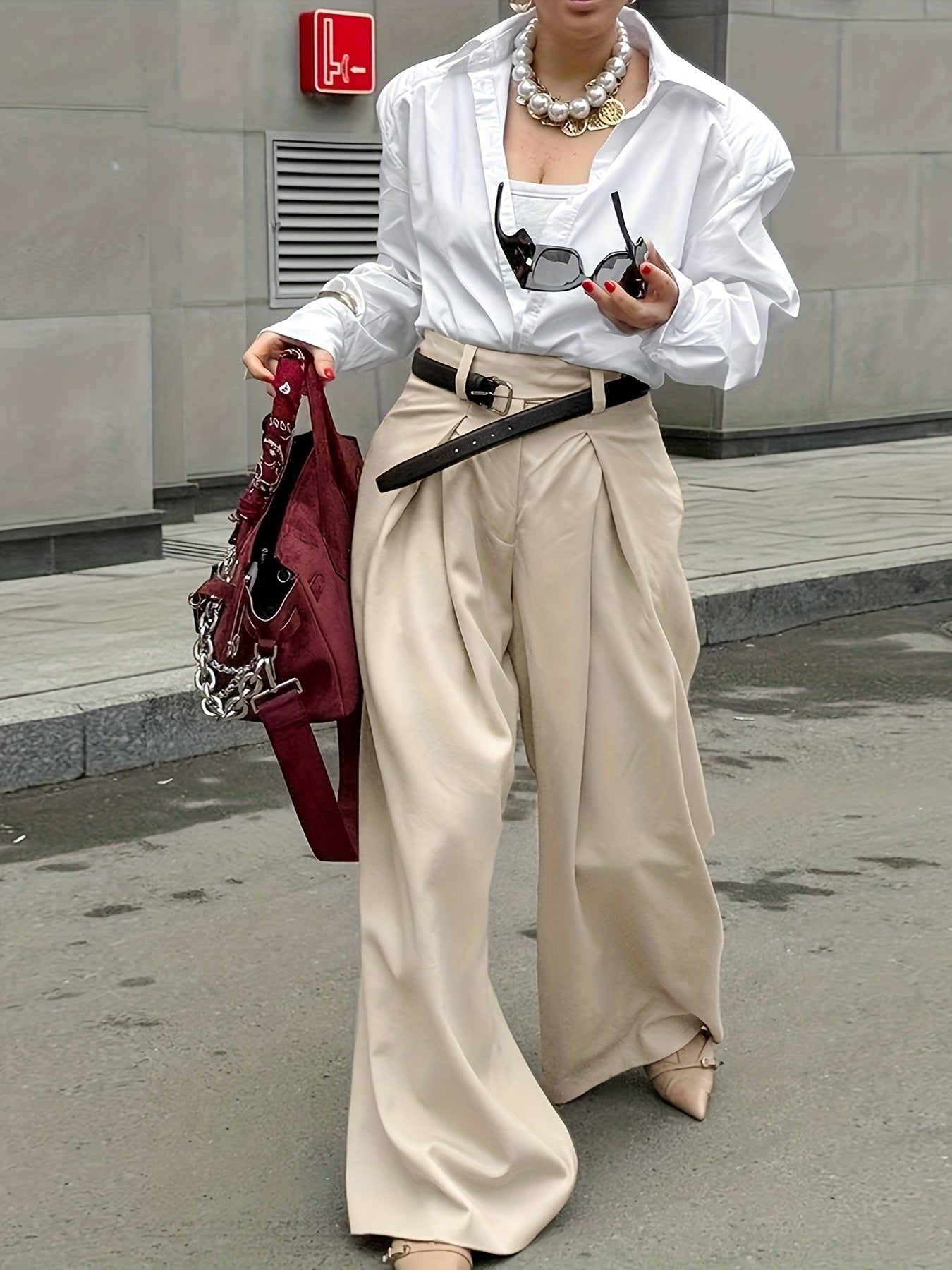 Elegant Wide-Leg Pants for Women - High Waist, Solid Color, Stretchy Polyester Blend, Machine Washable