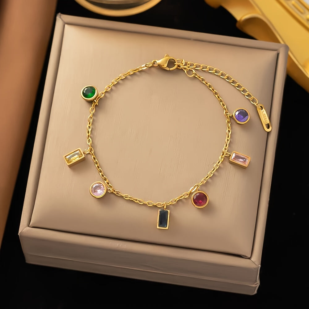 Elegant 18K Golden Plated Stainless Steel Bracelet with Colorful zirconia Charms