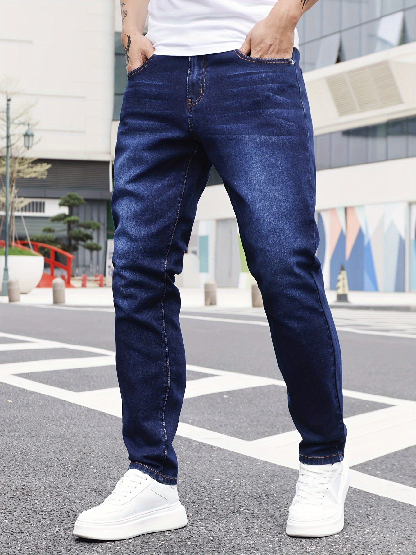 Men's Slim Fit Stretch Denim Jeans, Classic Streetwear Pants with Pockets for Daily Wear