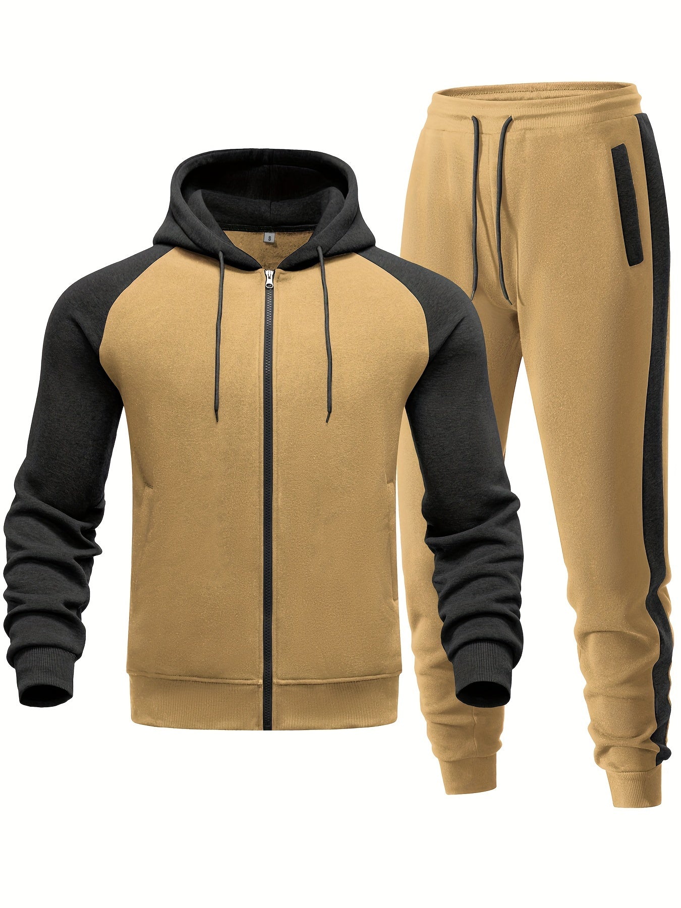 2pcs Men's Color Blocking Hooded Long Sleeve Jacket + Pants Slim Fitness Set, Quick-drying Fleece Surface Training Sports Suit