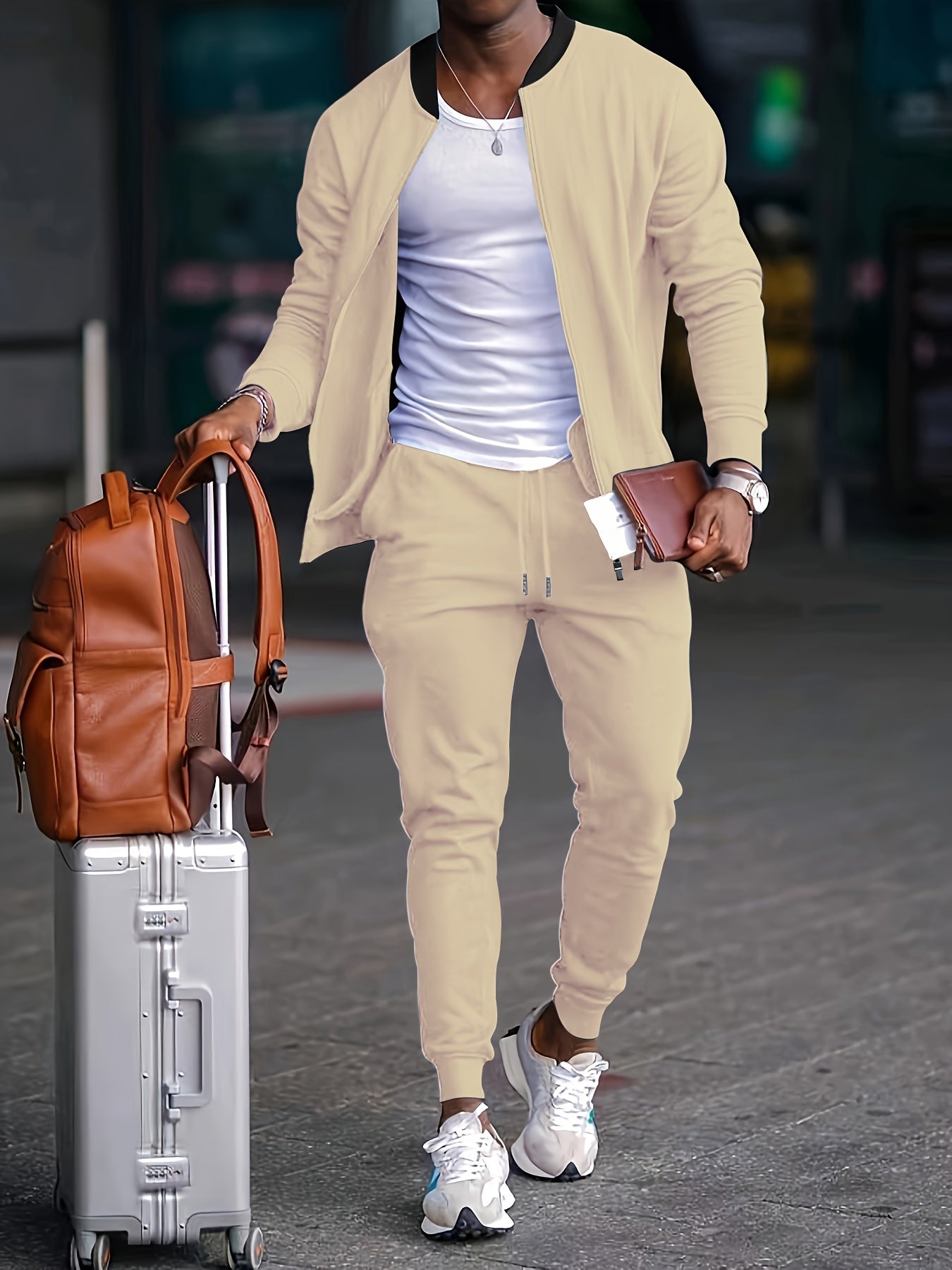 2pcs Business Casual Men's Solid Collar Jacket & Slim Fit Joggers Set, 2-Piece Outfit