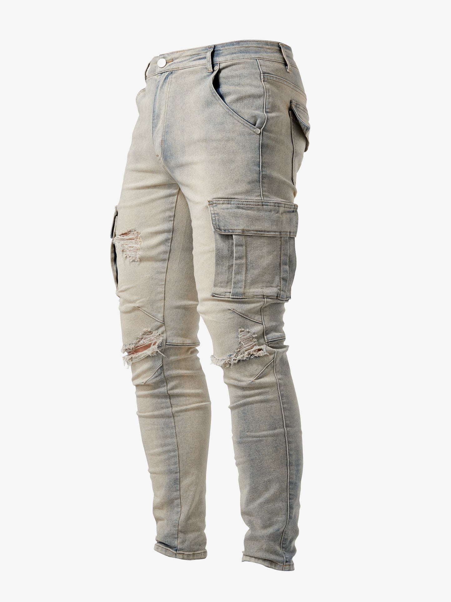 Men's Slim Fit Cargo Jeans with Multi Pockets, High Stretch Denim Pants for Spring Summer