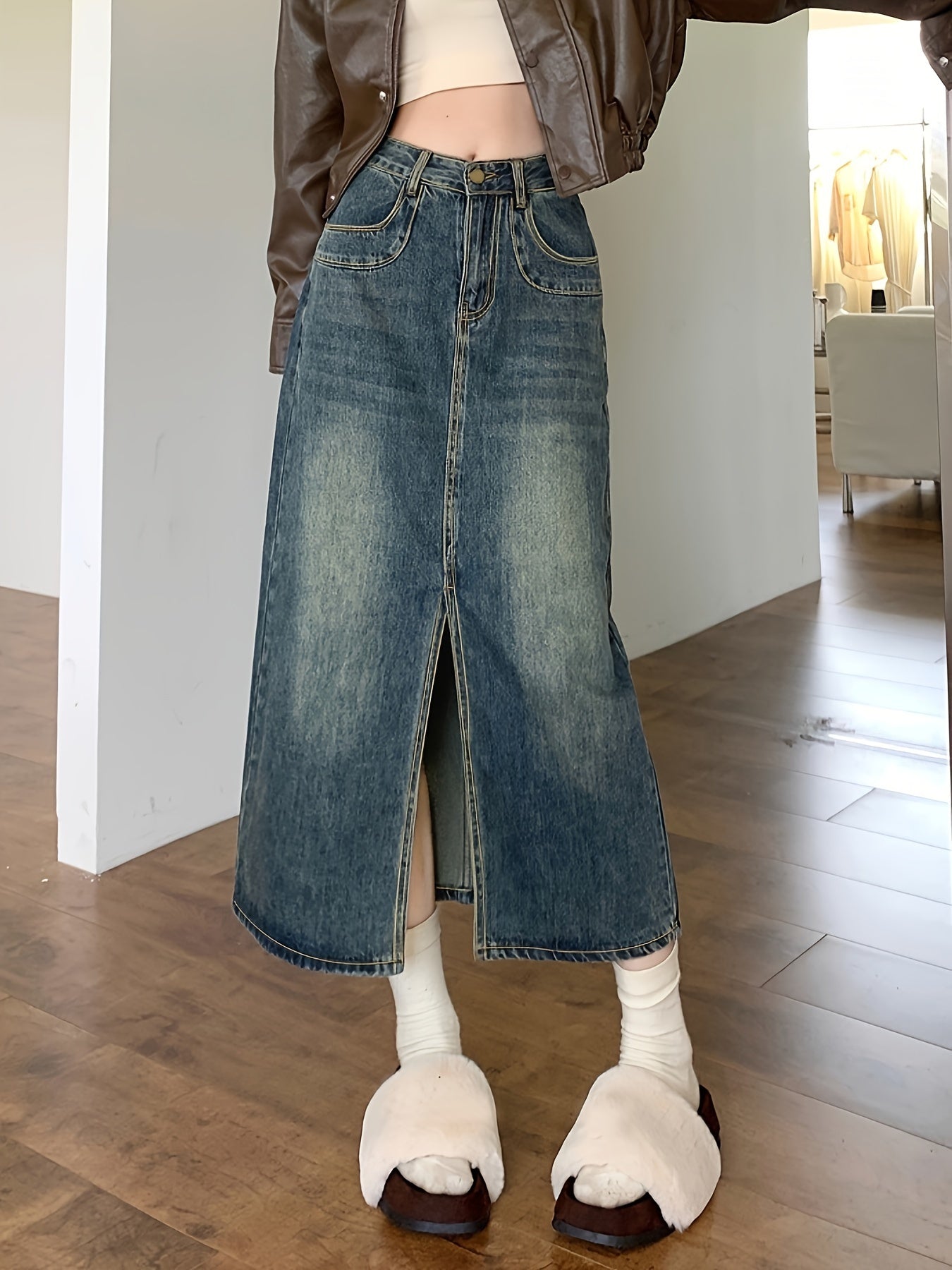 High-Waisted Denim Skirt, Women's Spring Fashion, Vintage Style Midi Split Hem Skirt, Casual Retro Skirt