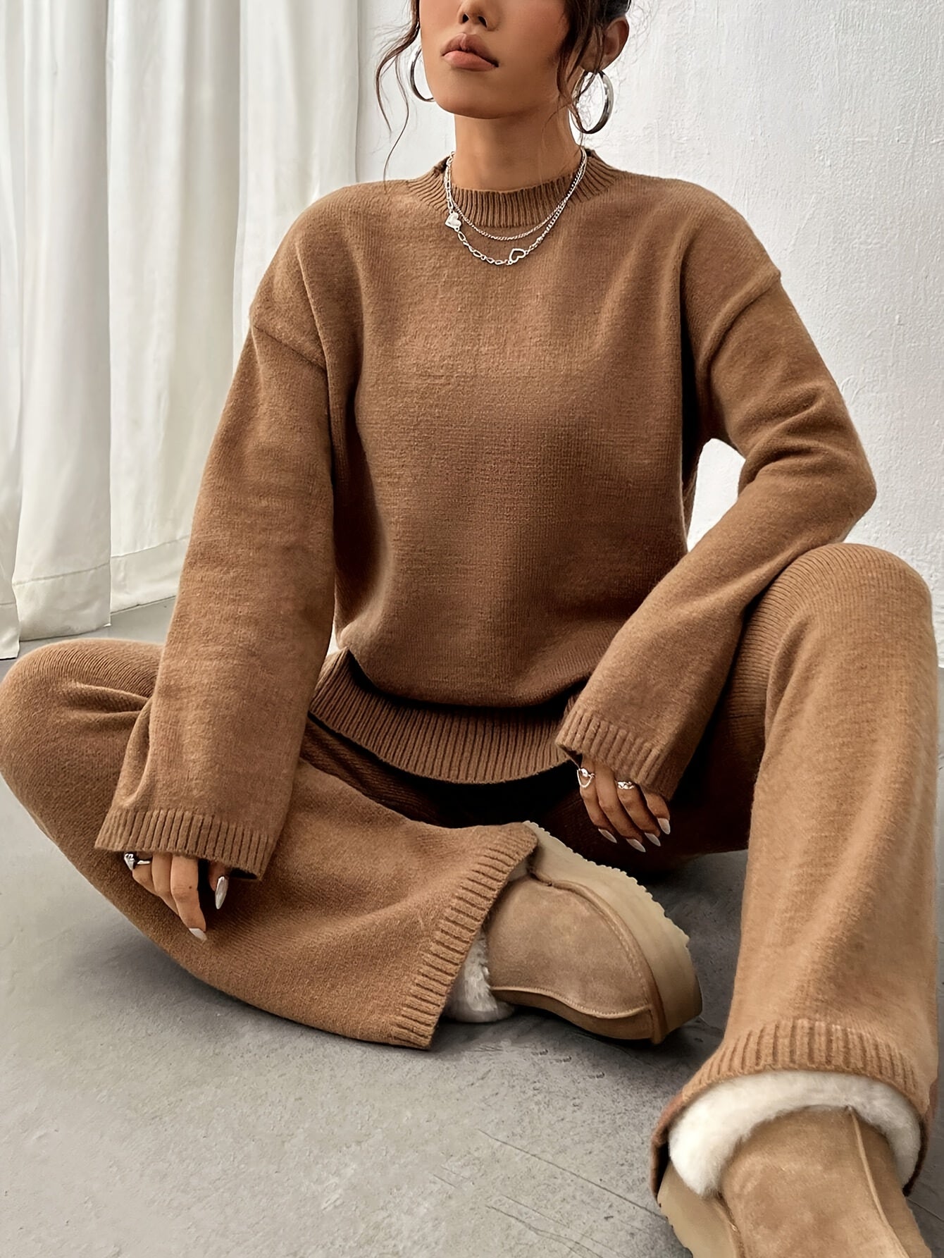 Ribbed Knitted Pantsuit Set: Women's Long Sleeve Sweater & Straight Leg Pants Outfit