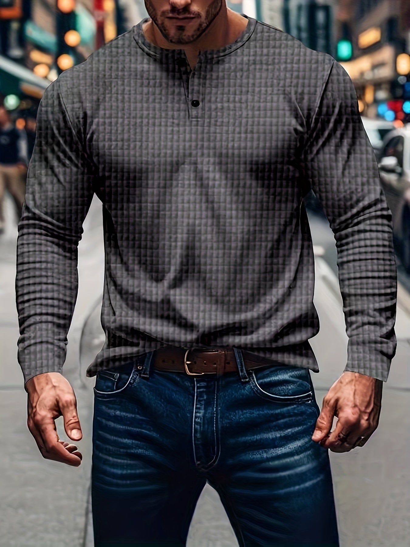 Men's Casual Long Sleeve Henley Shirt, Polyester Knit Fabric, Solid Color, Round Neck, Button Front, Regular Fit for Everyday Wear