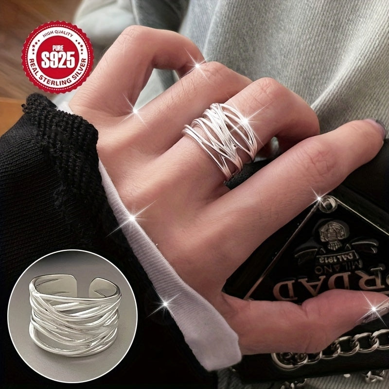 925 Sterling Silver Matte Wide Band Cuff Ring with Gift Box - Adjustable, Simple Luxury