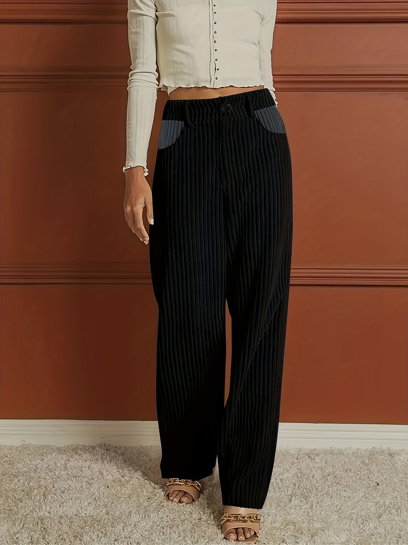 Ribbed Button Front Wide Leg Pants, Casual High Waist Pants, Women's Clothing