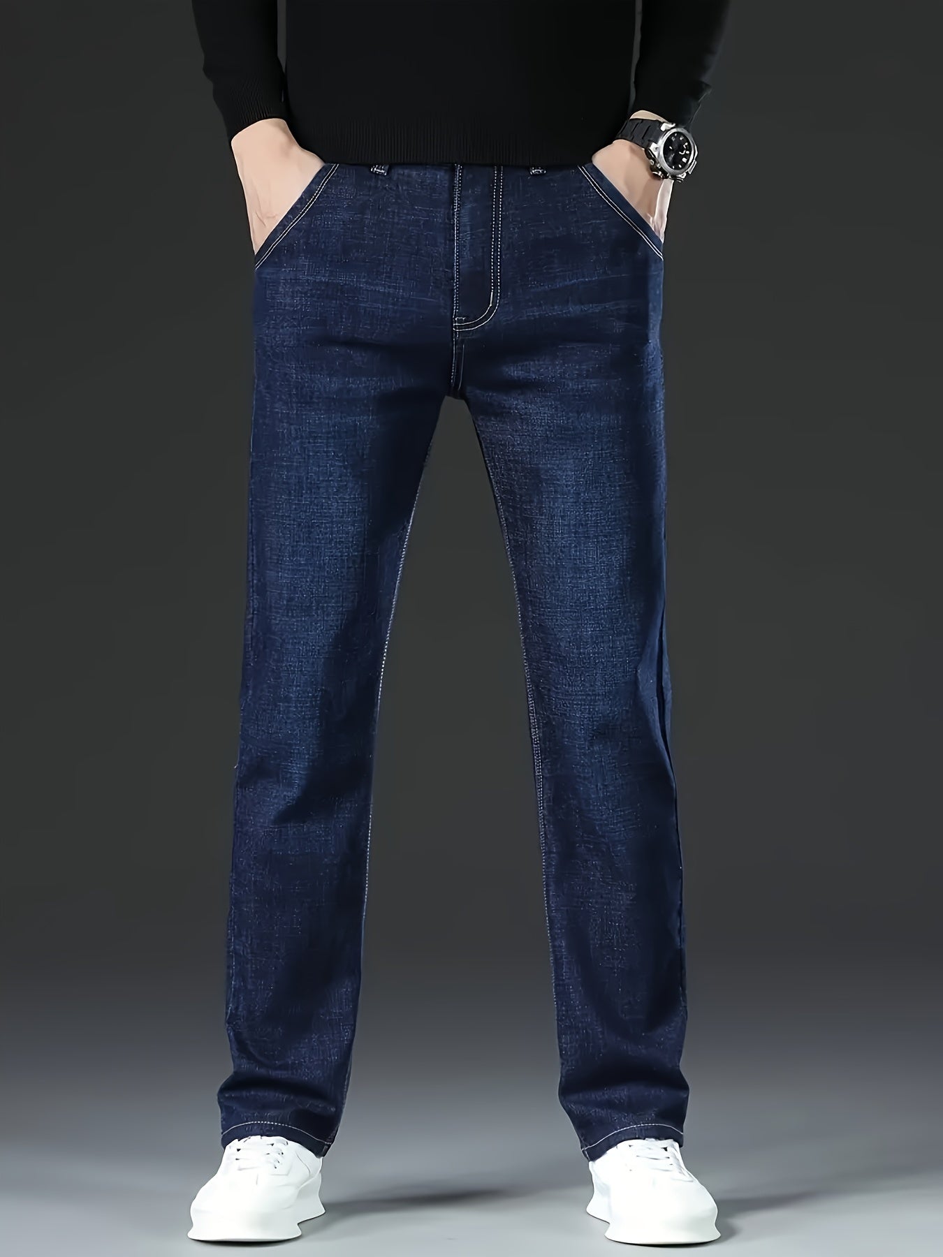 Men's Classic Stretch Denim Jeans - Versatile & Stylish, Comfort Fit Straight-Leg Pants in Deep Blue | Cotton Blend, Machine Washable | Perfect for All Seasons