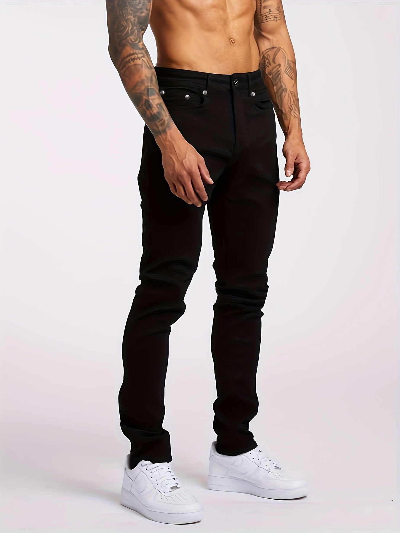 Men's Trendy Solid Cotton Blend Slightly Stretch Jeans, Chic Street Style Regular Fit Bottoms For Men, All Seasons