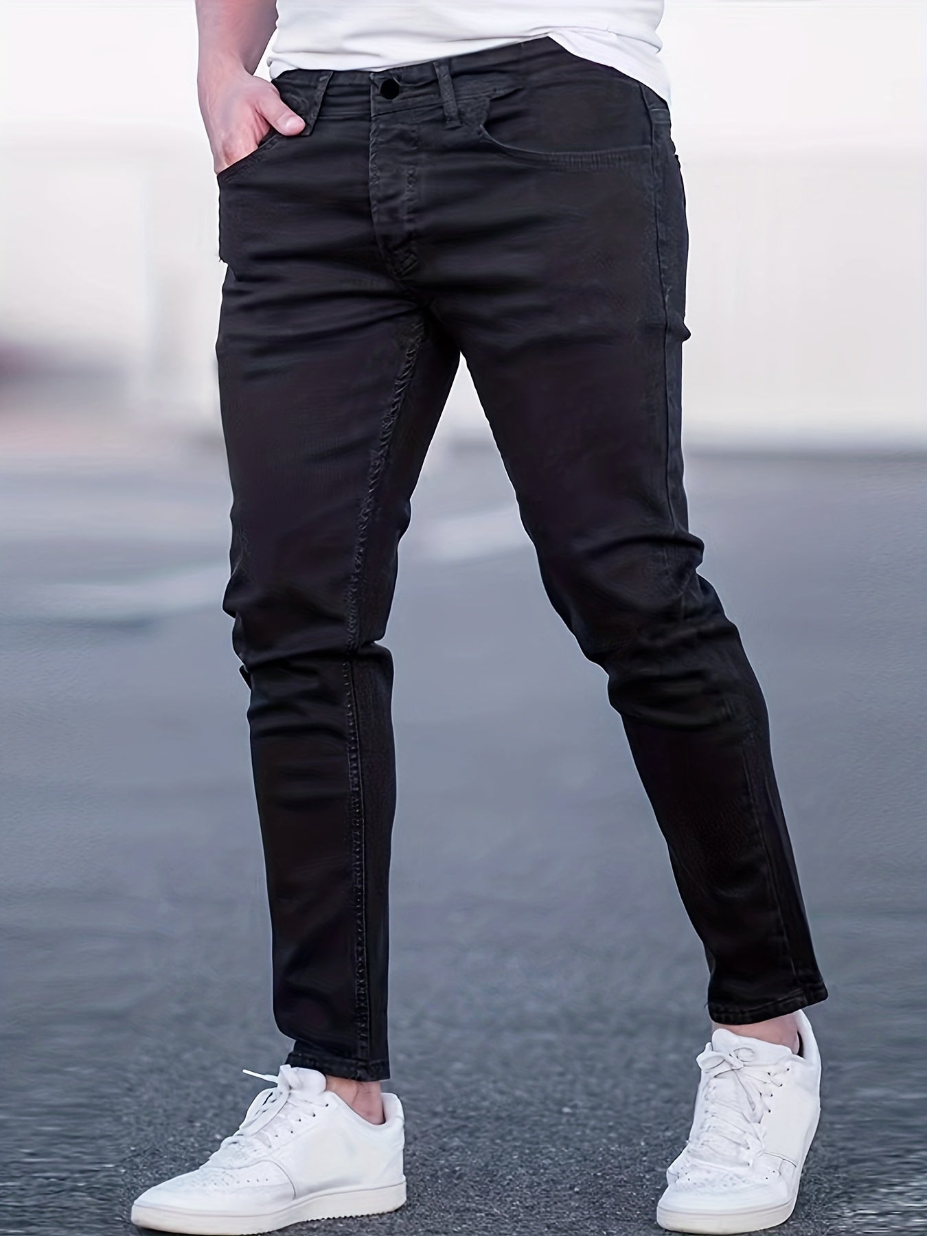 Slim Fit Cotton Jeans, Men's Casual Street Style Solid Color Mid Stretch Denim Pants For Spring Summer
