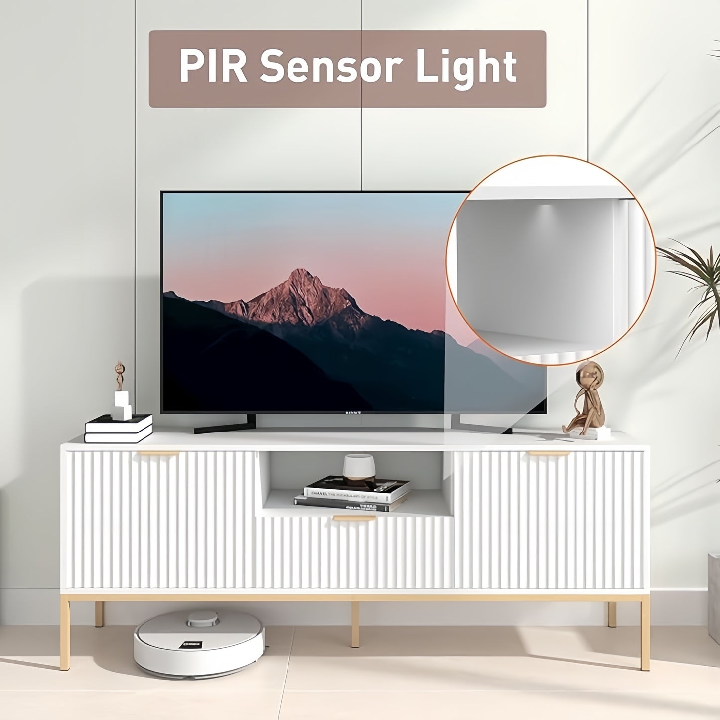 "Modern Design Waveform TV Stand with PIR Sensor Light, 60"" Storage Cabinet and Drawer for 55-65 Inch TVs, White"