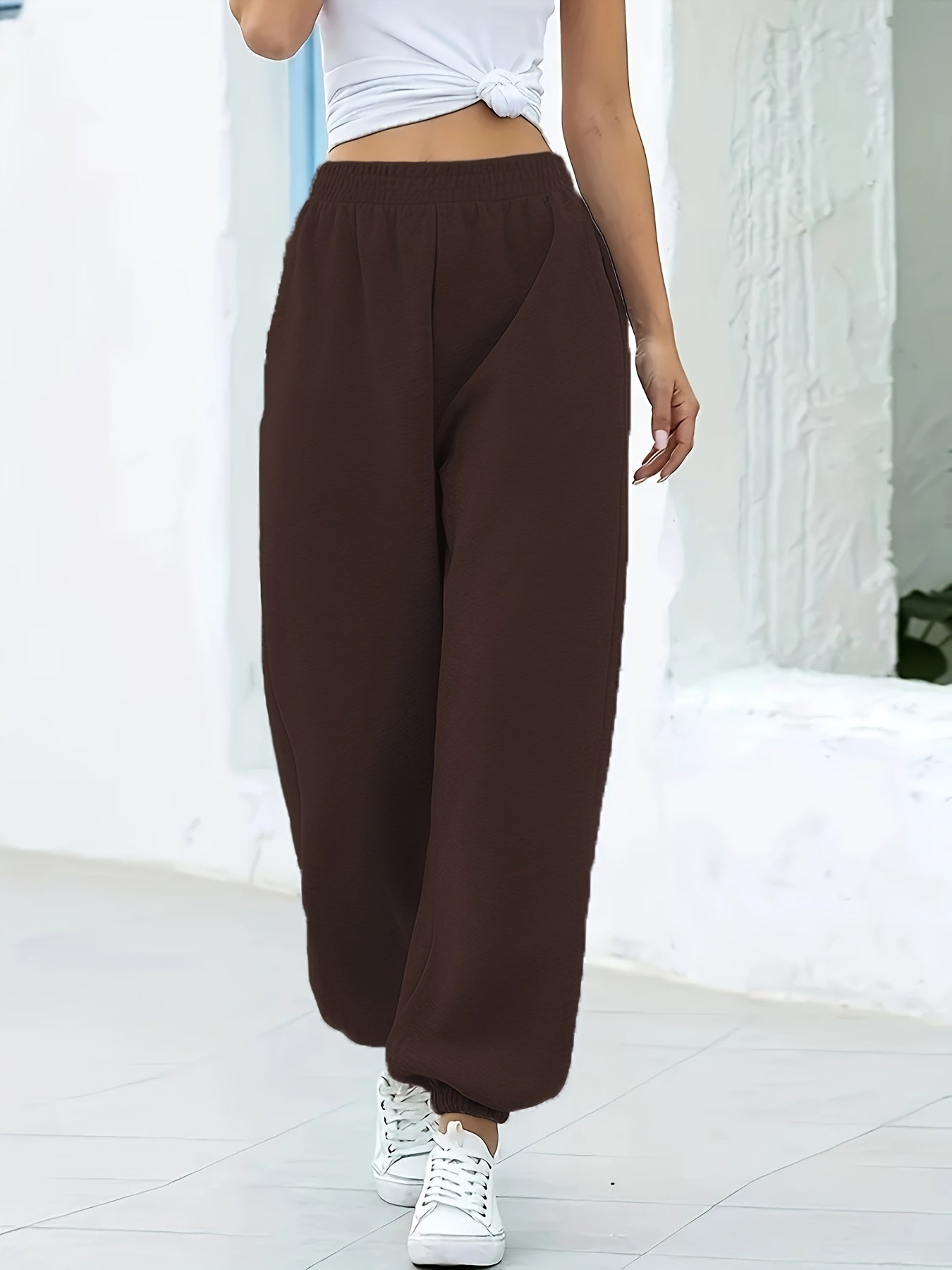 Women's High-Waisted Elastic Sweatpants, Solid Color Casual Pants for Everyday Wear