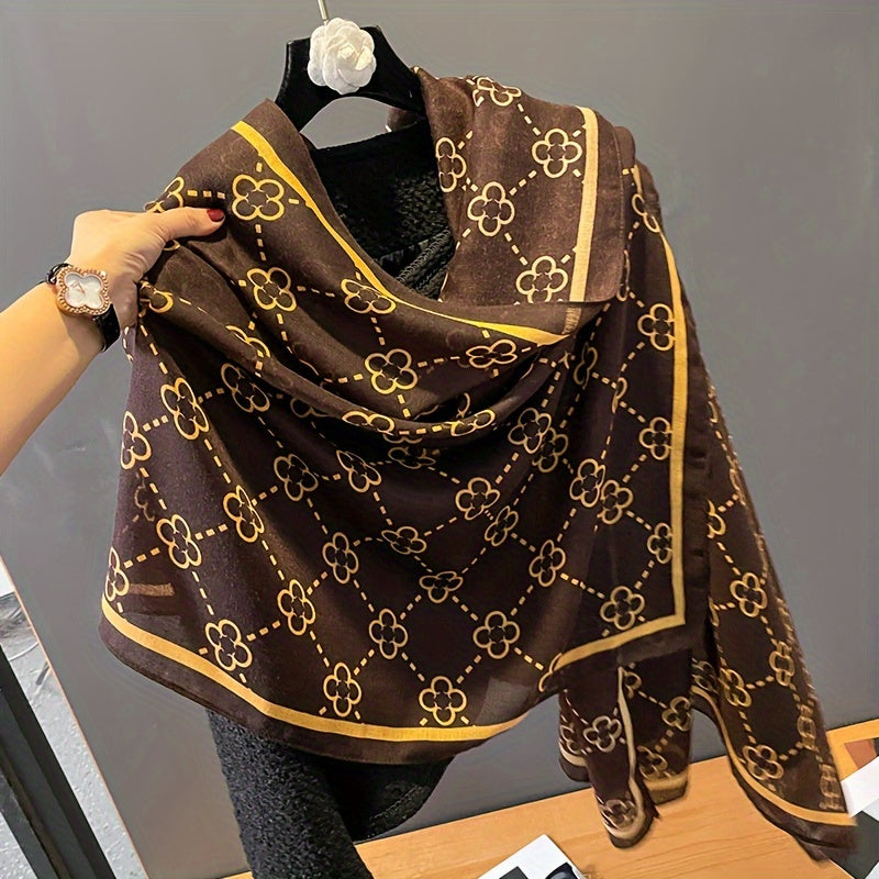 Coffee Color Flower Print Scarf Thin Breathable Shawl Simple Casual Windproof Warm Wrap Suitable For Air Conditioning Room