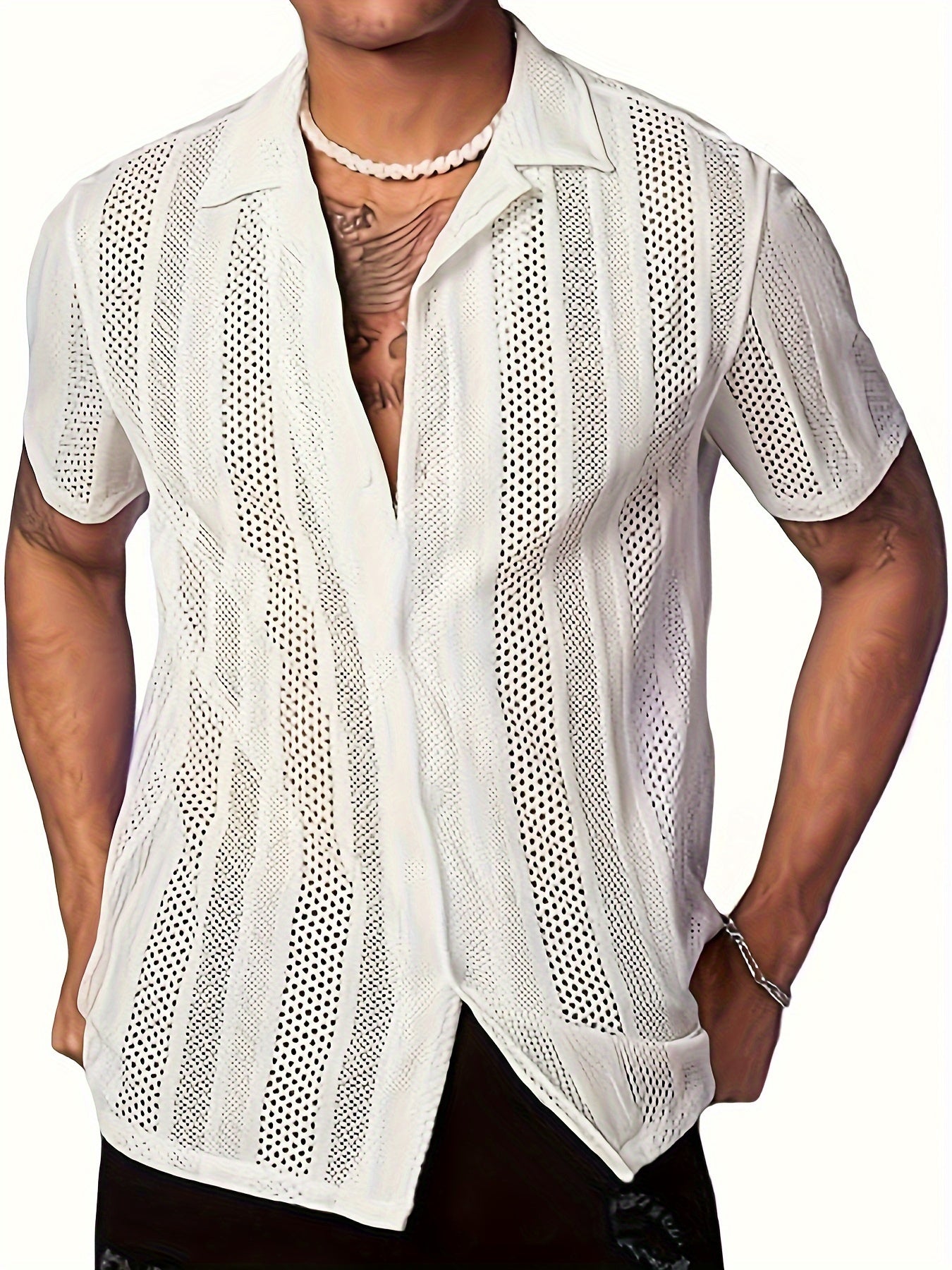 Men's Mesh Hollow-Out Shirt, Street Style, Breathable Short Sleeve Summer Top, Casual Fashion Shirt