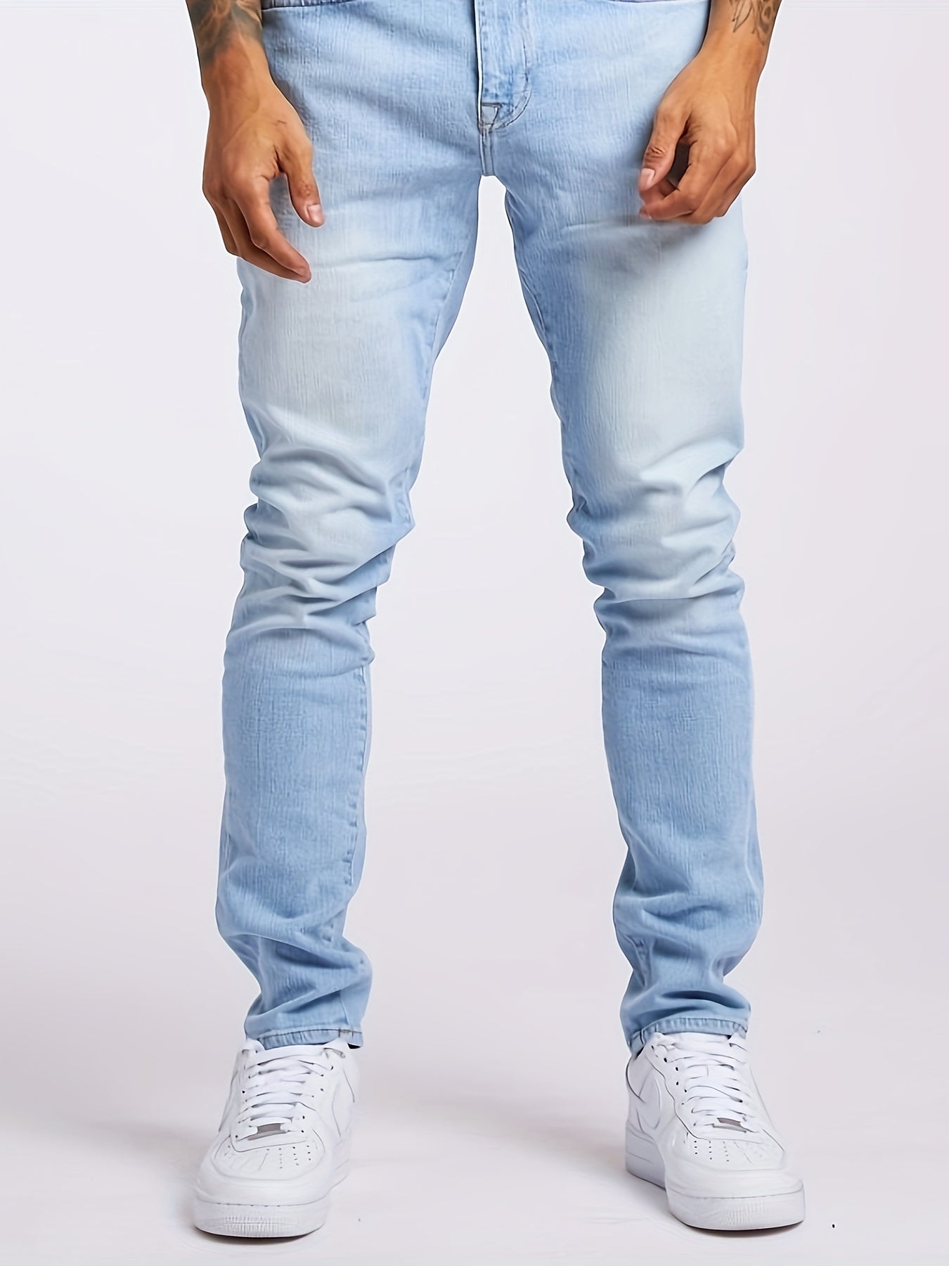 Men's Trendy Solid Cotton Blend Slightly Stretch Jeans, Chic Street Style Regular Fit Bottoms For Men, All Seasons