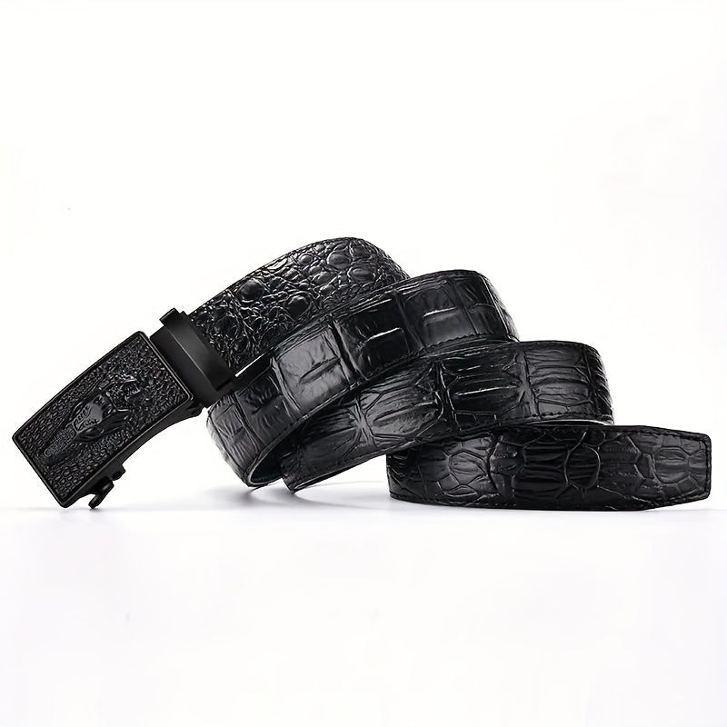 Business Classic Men's Crocodile Leather Belt with Automatic Buckle - Black, 110-125cm, 2.75" wide, Alloy Buckle, 2nd Layer Leather