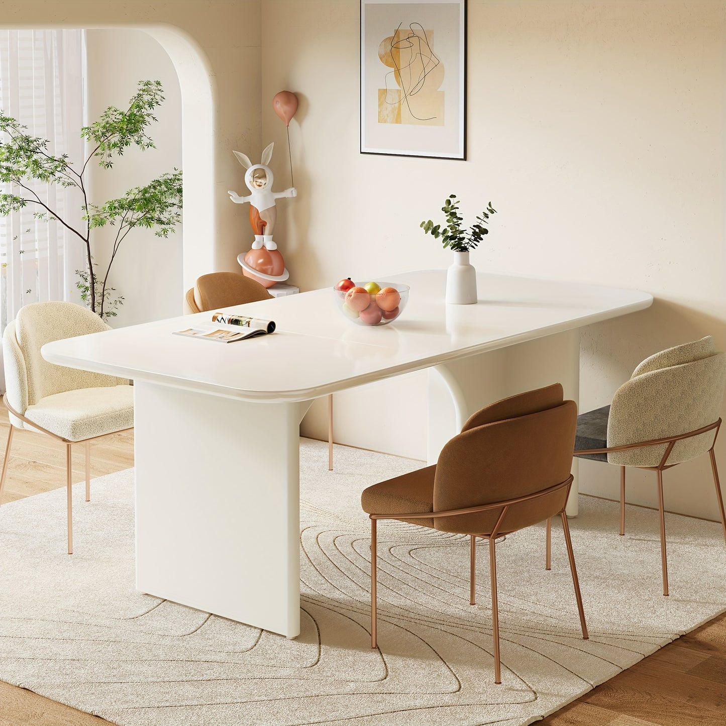 "Modern Rectangular Dining Table with Arch Legs, Cream White, 62.99"" Inches, Seats 4-6"