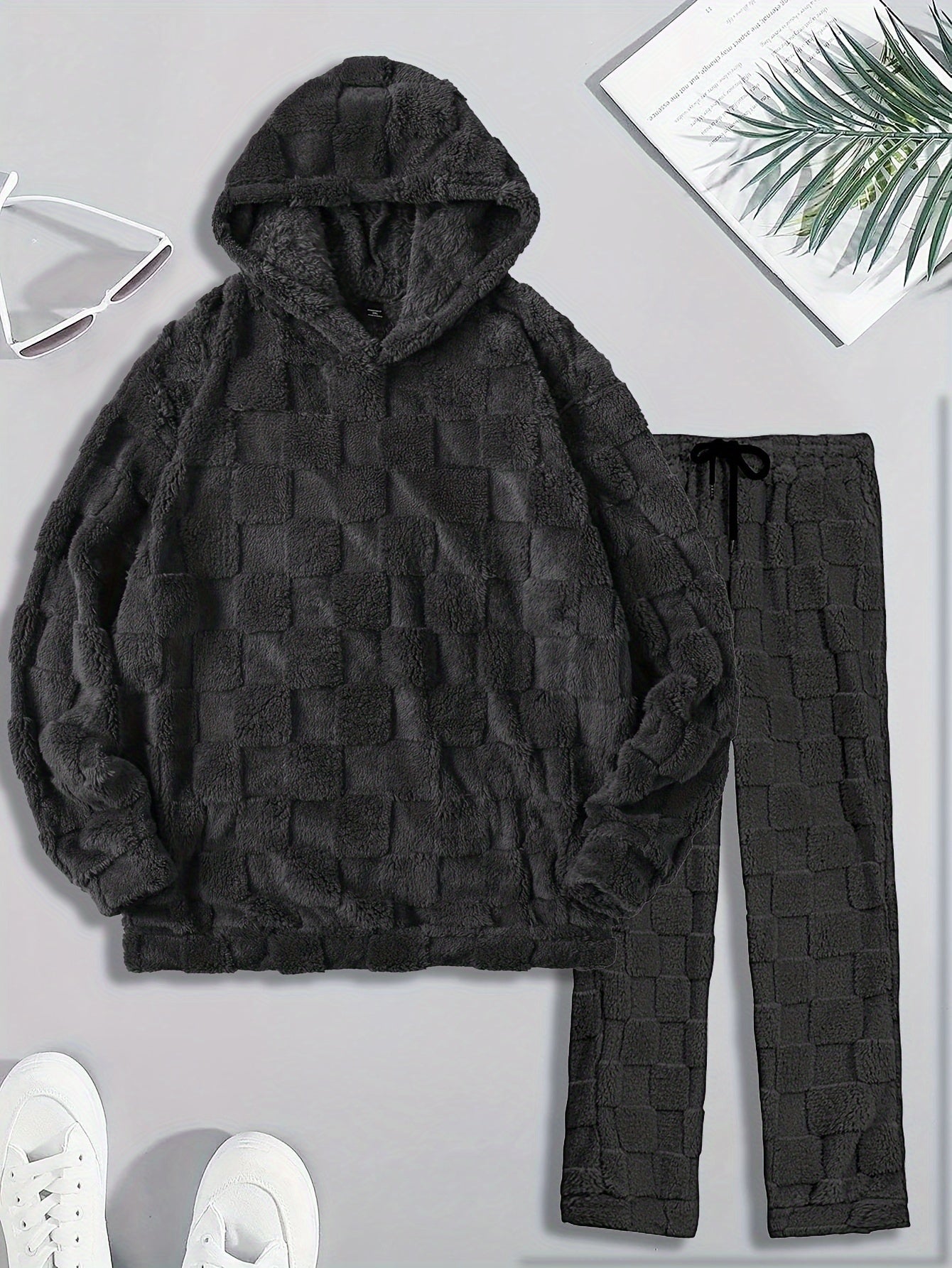 Men's Cozy Fleece-Lined Hoodie & Joggers Set - Casual Plaid Long Sleeve with Kangaroo Pocket, Machine Washable - Perfect for Fall/Winter