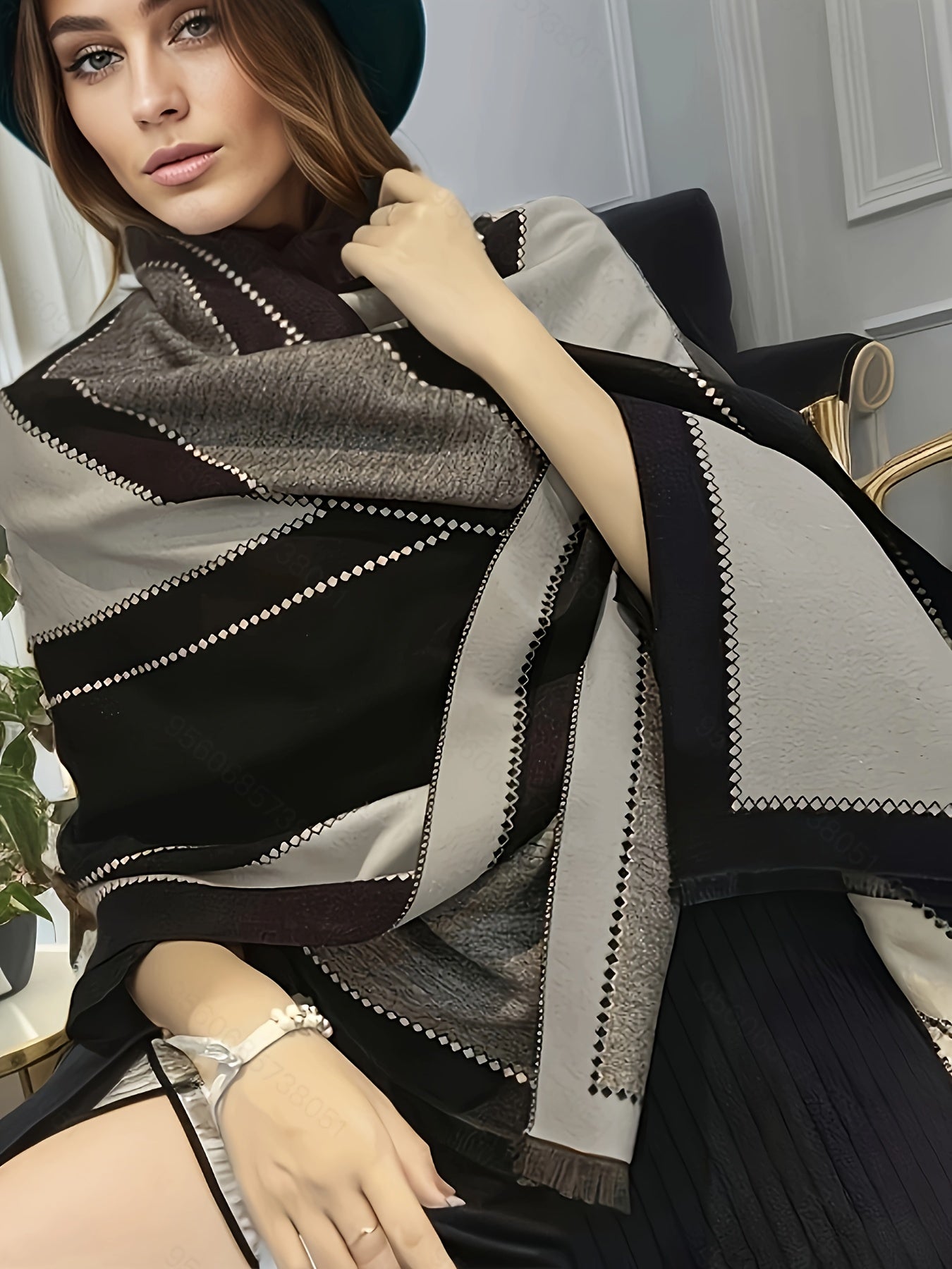 Plus Size Geometric Pattern Linen Scarf, Cozy Color Block Shawl for Fall & Winter