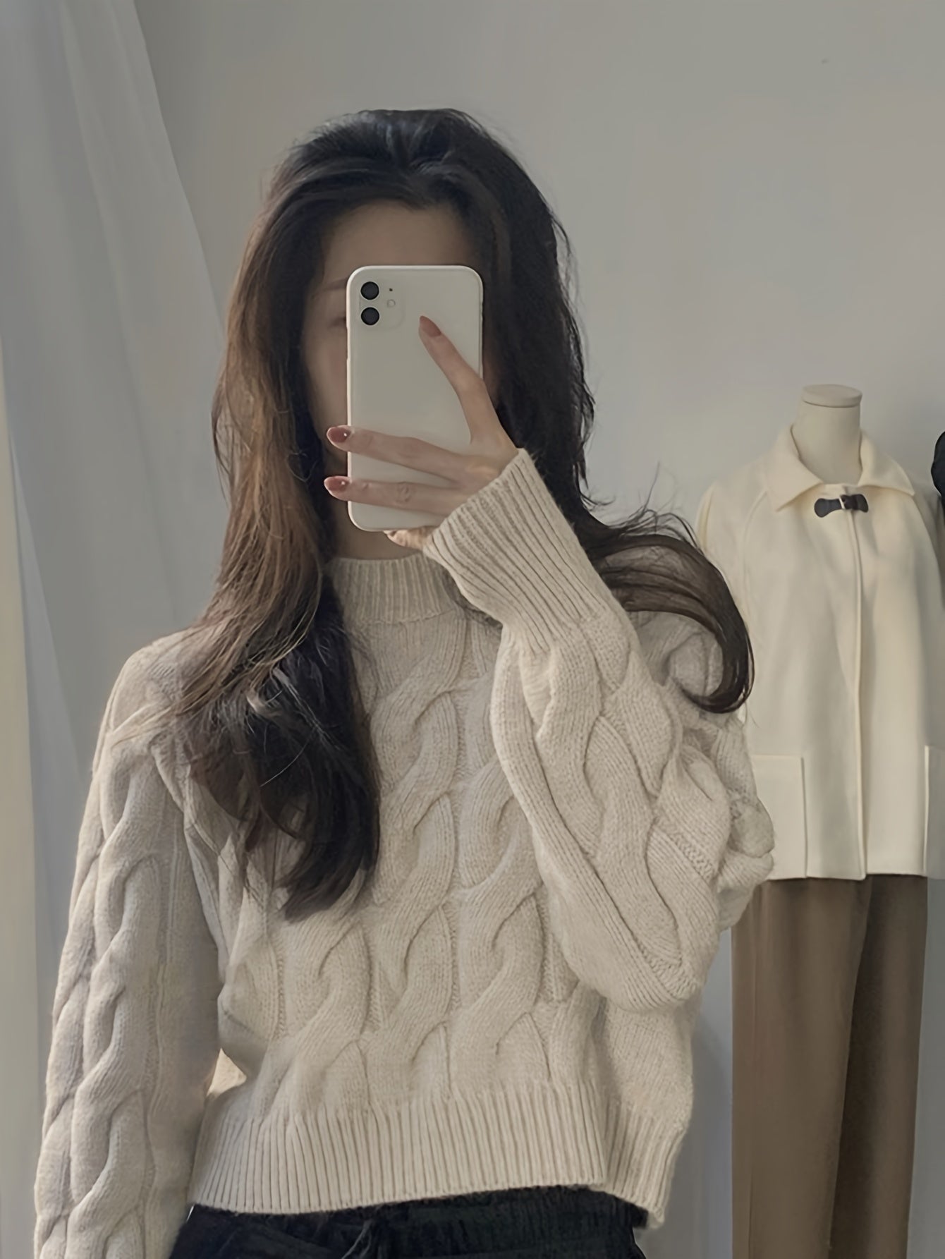 Cable Knit Mock Neck Sweater, Casual Long Sleeve Solid Color Sweater For Fall & Winter, Women's Clothing