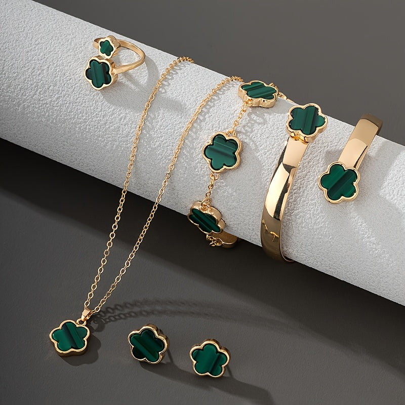 Trendy 5 Pc Clover Flower Set - Earrings, Necklace, Bracelet, Bangle and Ring