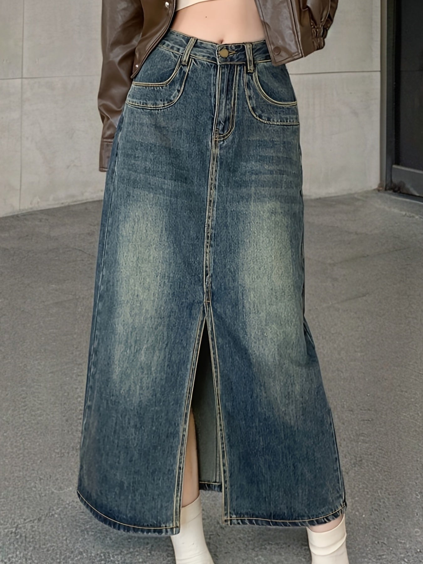 High-Waisted Denim Skirt, Women's Spring Fashion, Vintage Style Midi Split Hem Skirt, Casual Retro Skirt