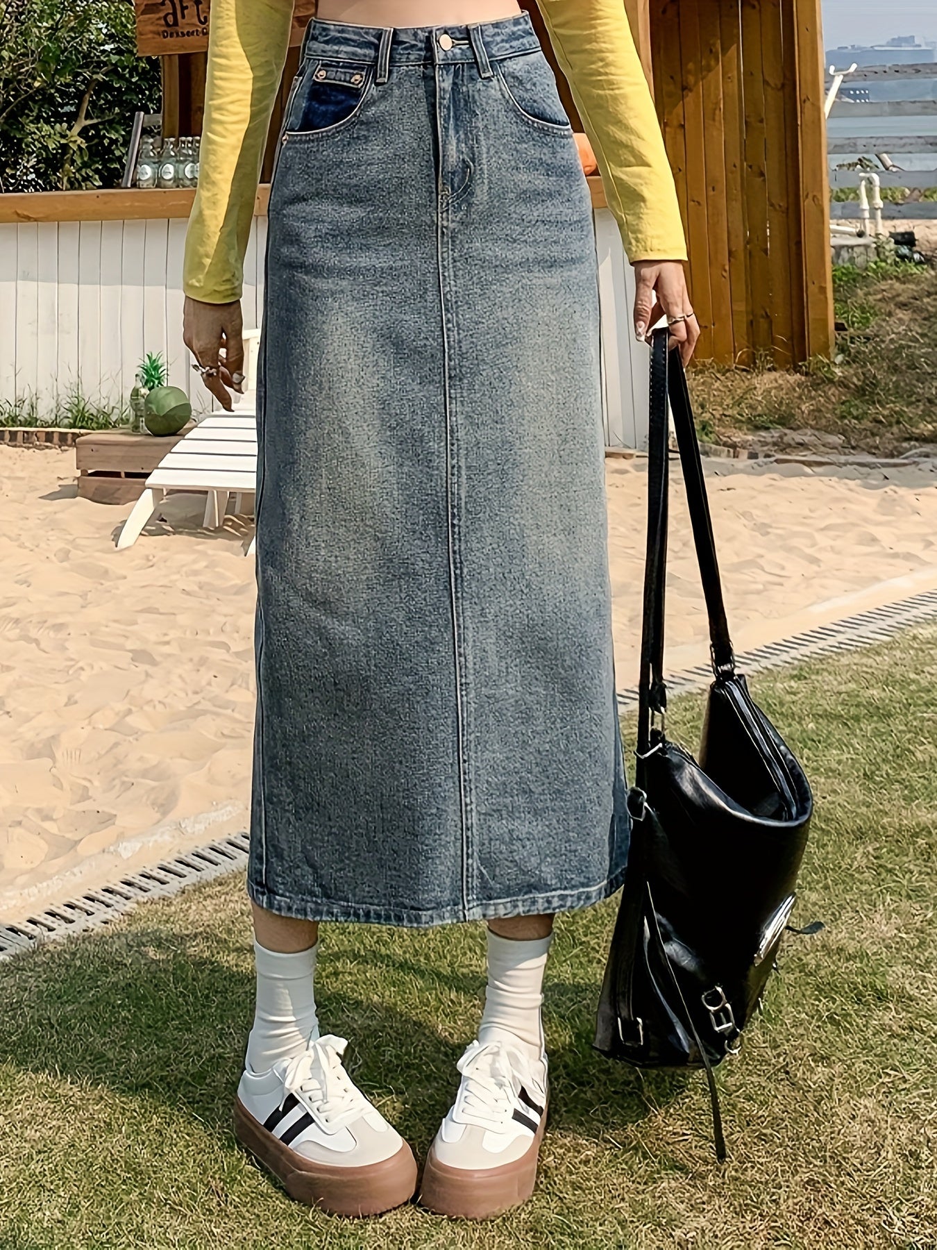 Women's High-Waisted A-Line Midi Denim Skirt, Retro Style, Plain Washed Blue Denim Skirt