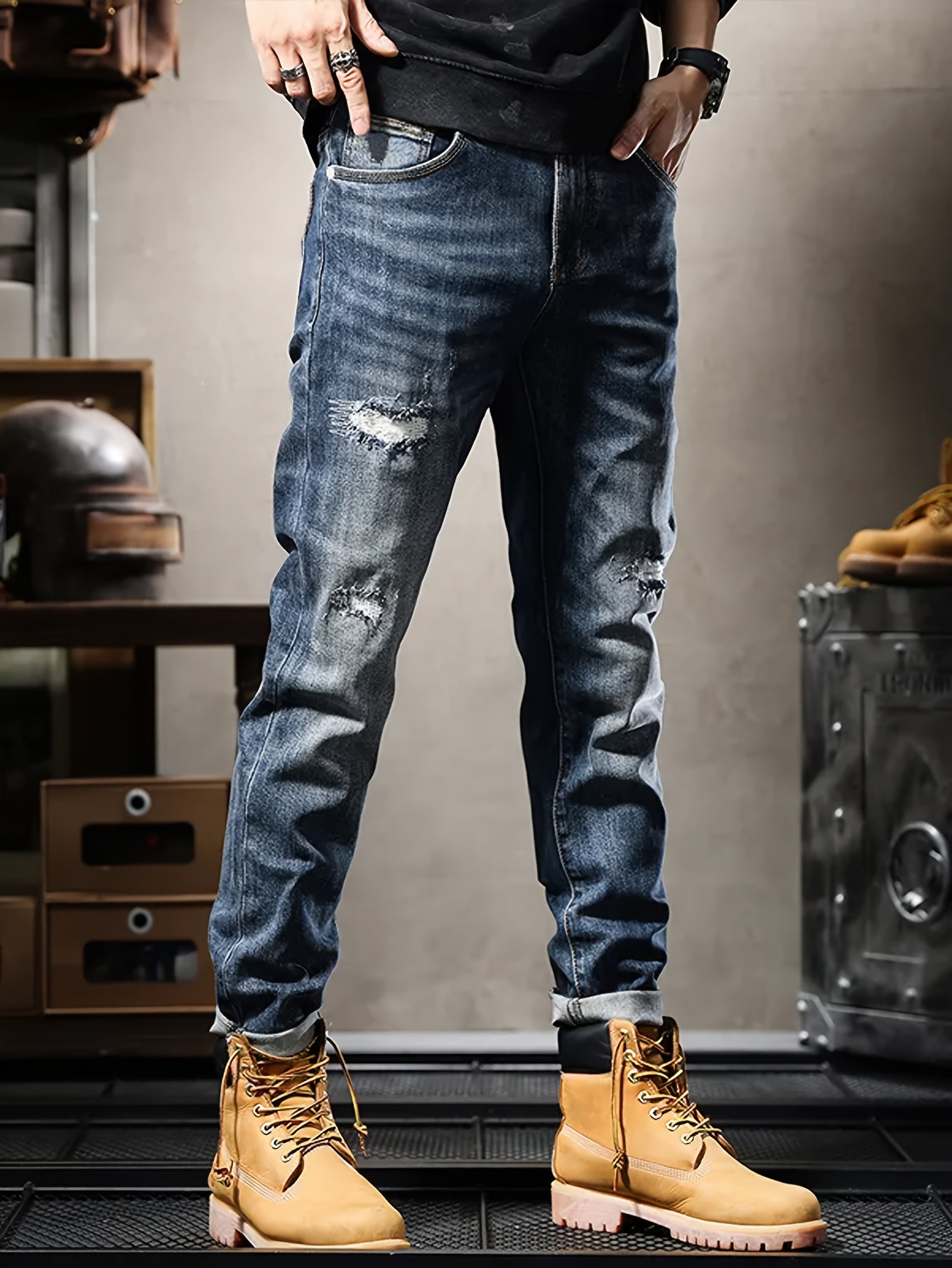 Men's Distressed Ripped Straight Leg Jeans, Streetwear Denim Pants for Men, Four-Season Wear