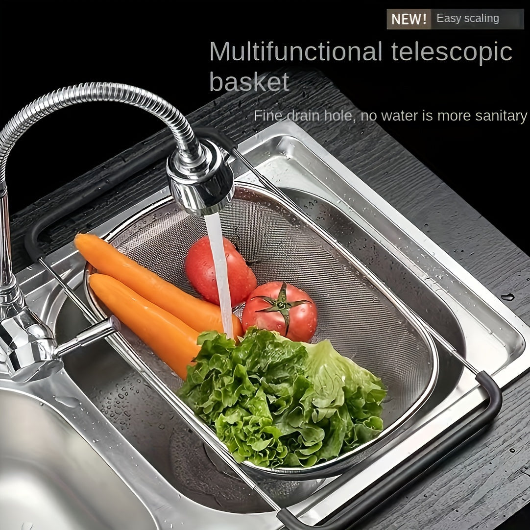 1pc, Over The Sink Stainless Steel Oval Colander, Telescopic Mesh Basket, Stainless Steel Sink Drain, Perfect For Washing Fruits & Veggies, Telescopic Strainer Basket, Kitchen Stuff, Kitchen Gadgets