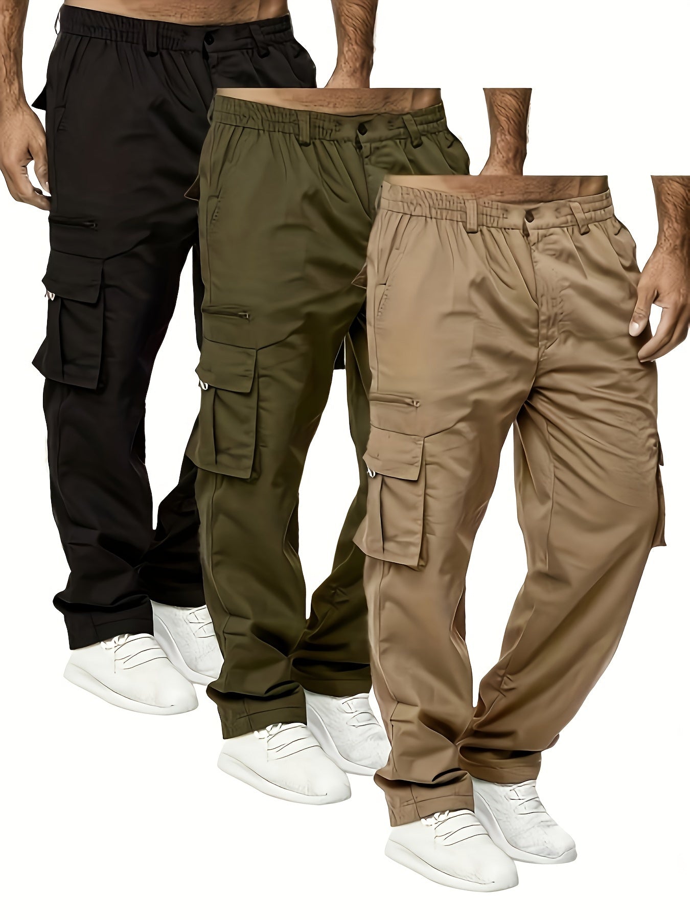 One-time Relaxed 3pcs 3-Piece Men's Solid Color Loose Fit Cargo Pants for Outdoor Activities