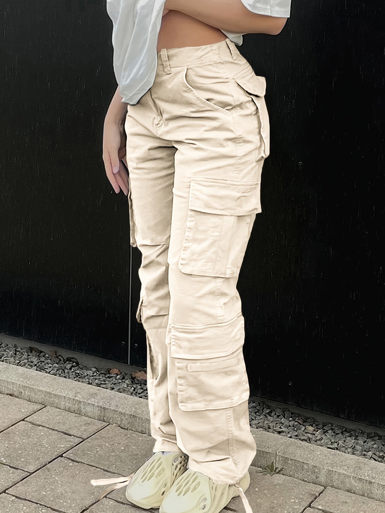 Long Length Wide Leg Cargo Pants with Flap Pockets - Soft Cotton, Micro Elasticity, Machine Washable - Perfect for Weekend Casual, Spring & Summer, Womens Young Style Clothing
