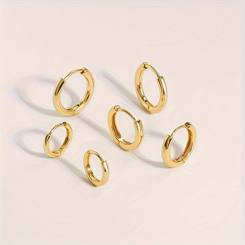 Simple Style Stainless Steel Hoop Earrings Set, 6PCS/3 Pairs, 18K Gold Plated Hinged Segment Ring, Hypoallergenic Lightweight Unisex Jewelry, No Mosaic for Men and Women
