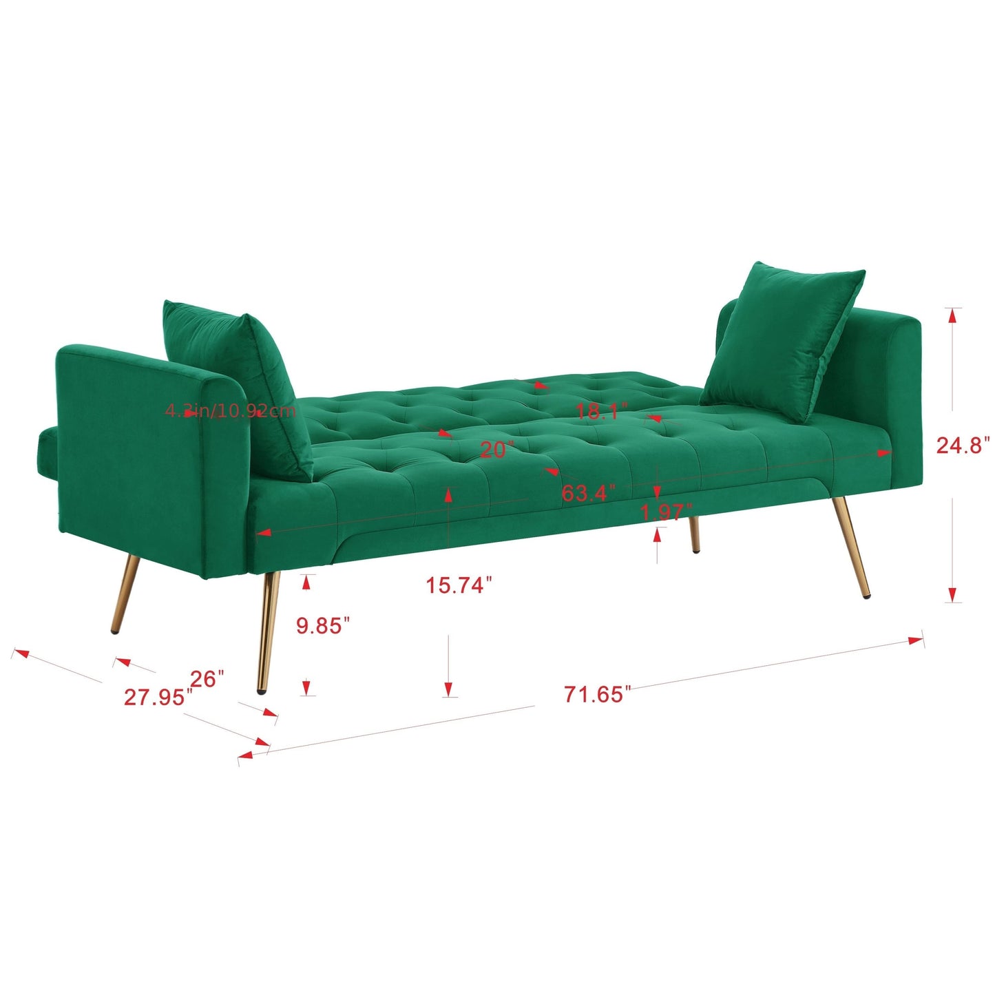 1 pc, Convertible Velvet Futon Sofa Bed, 70x38x30 Inches, Modern Reclining Sofa with 2 Pillows, Beige/Gray/Pink/Blue/Green