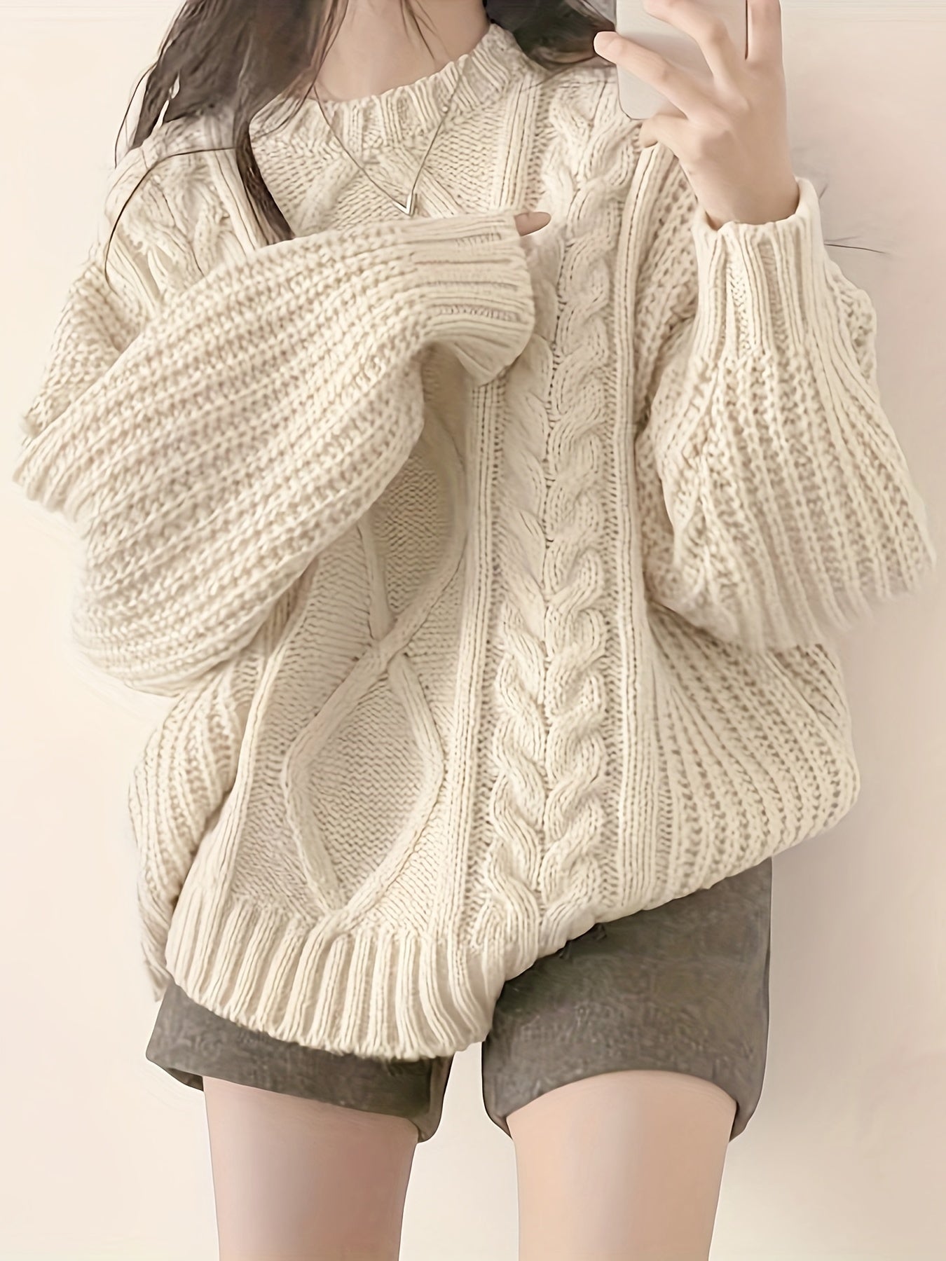 Timeless Solid Cable Crew Neck Pullover Sweater, Elegant Long Sleeve Drop Shoulder Sweater, Women's Clothing