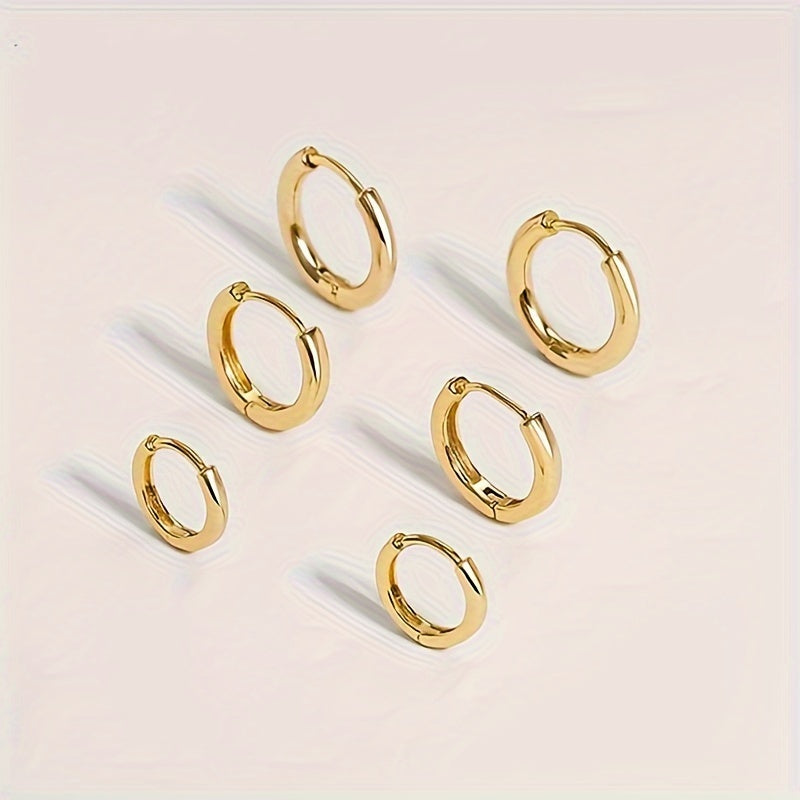 Simple Style Stainless Steel Hoop Earrings Set, 6PCS/3 Pairs, 18K Gold Plated Hinged Segment Ring, Hypoallergenic Lightweight Unisex Jewelry, No Mosaic for Men and Women