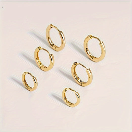 Simple Style Stainless Steel Hoop Earrings Set, 6PCS/3 Pairs, 18K Gold Plated Hinged Segment Ring, Hypoallergenic Lightweight Unisex Jewelry, No Mosaic for Men and Women