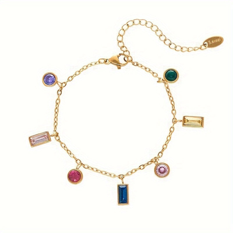 Elegant 18K Golden Plated Stainless Steel Bracelet with Colorful zirconia Charms