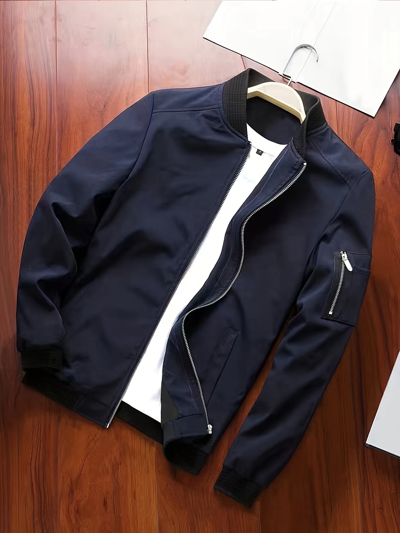 Men's Casual Full Zip Bomber Jacket, Solid Color Blouson Jacket