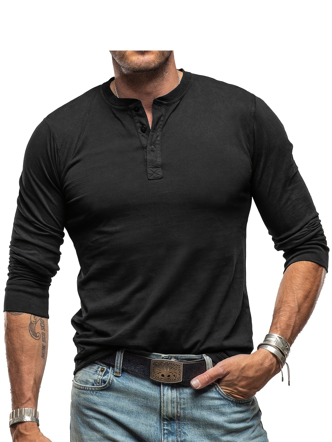 Men's Autumn And Winter Solid Color Pure Cotton Long Sleeve Henley Shirt, Chic And Trendy Tops For Casual Outdoors And Bottoming Wear