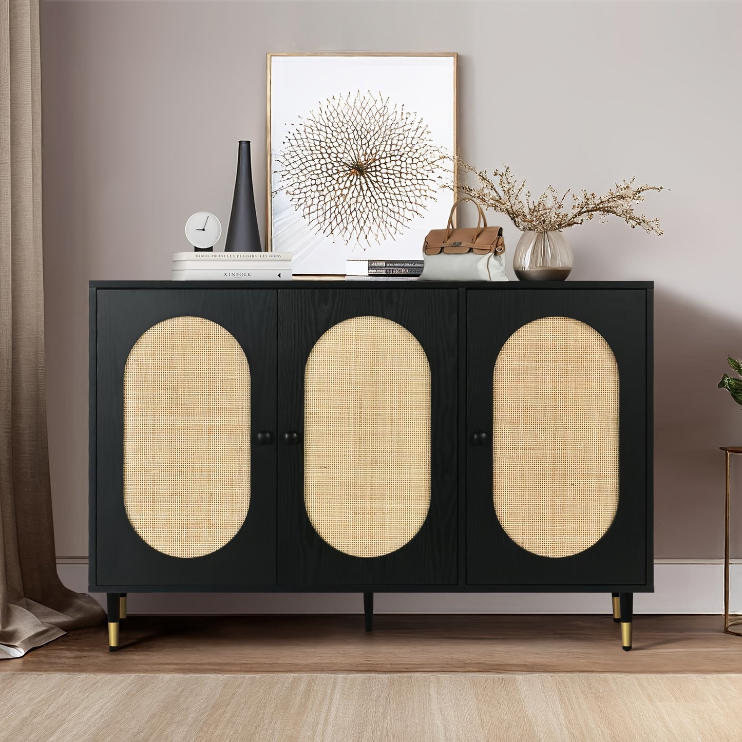 Retro Rattan Sideboard Buffet Cabinet, 47'' Black Rattan Sideboard Cabinet, Kitchen Buffet Storage Cabinet with Golden Legs, 3 Handmade Natural Doors for Living Room, Office, Entry, Hallway