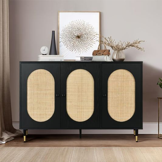 Retro Rattan Sideboard Buffet Cabinet, 47'' Black Rattan Sideboard Cabinet, Kitchen Buffet Storage Cabinet with Golden Legs, 3 Handmade Natural Doors for Living Room, Office, Entry, Hallway