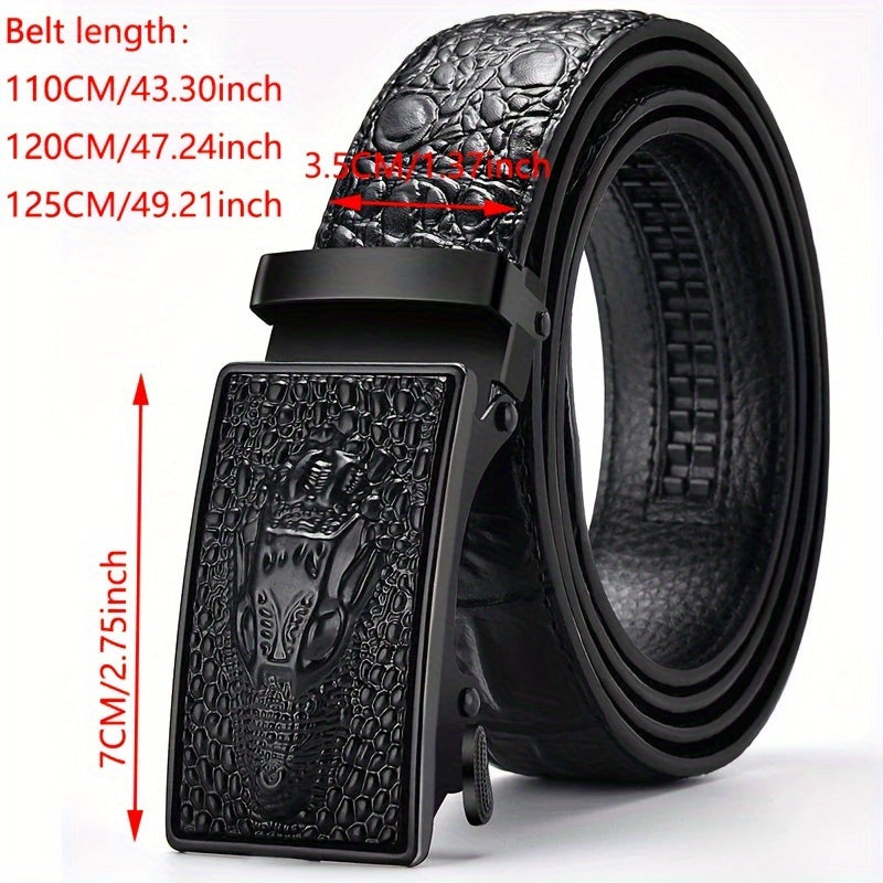 Business Classic Men's Crocodile Leather Belt with Automatic Buckle - Black, 110-125cm, 2.75" wide, Alloy Buckle, 2nd Layer Leather